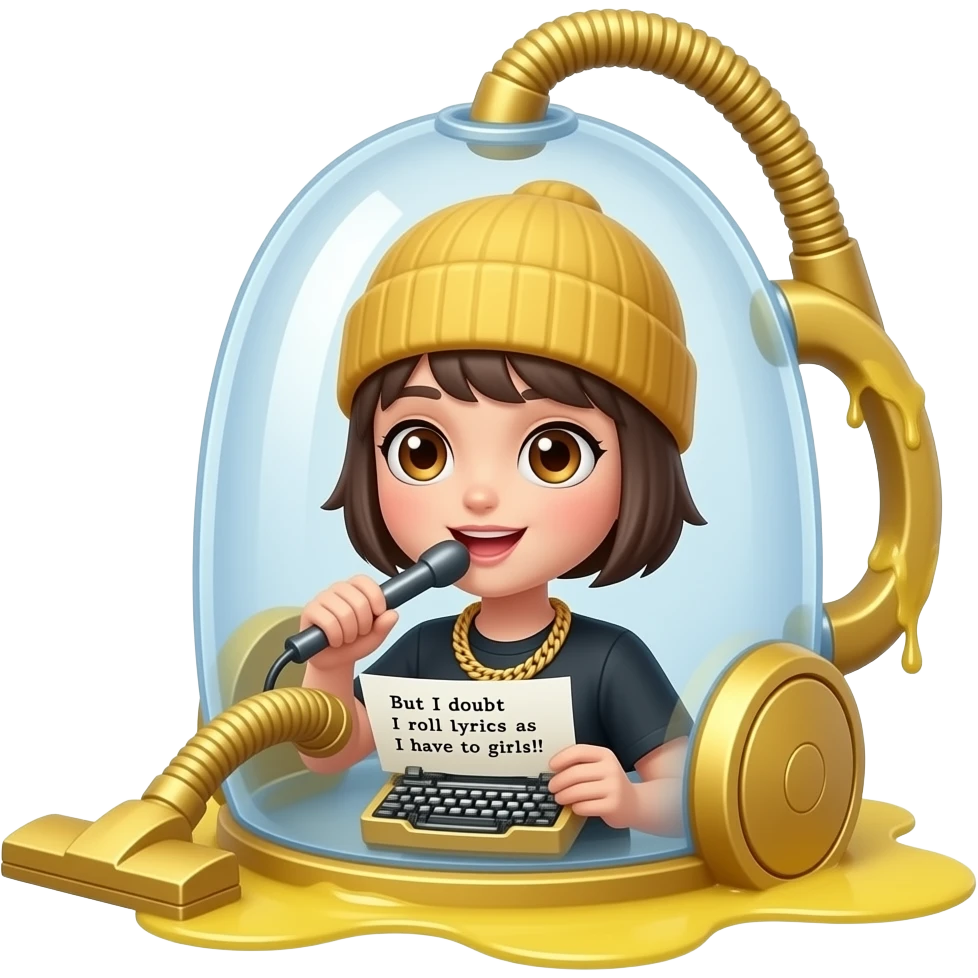 A clear slimy plastic vacuum cleaner sits alone under a yellow light. Inside it's body is a tomgirl with short boyish hair, a beanie, and brown eyes rapping and wearing a golden stenography machine as a necklace. On her paper are the lyrics: "But I doubt I roll lyrics as I have to girls!!"
 emoji