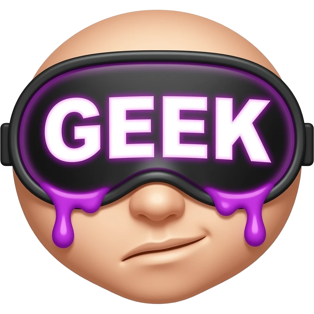 Give me a regular emoji with a sleeping mask that says "GEEK" and add neon purple drool to the corners of his half opened mouth emoji