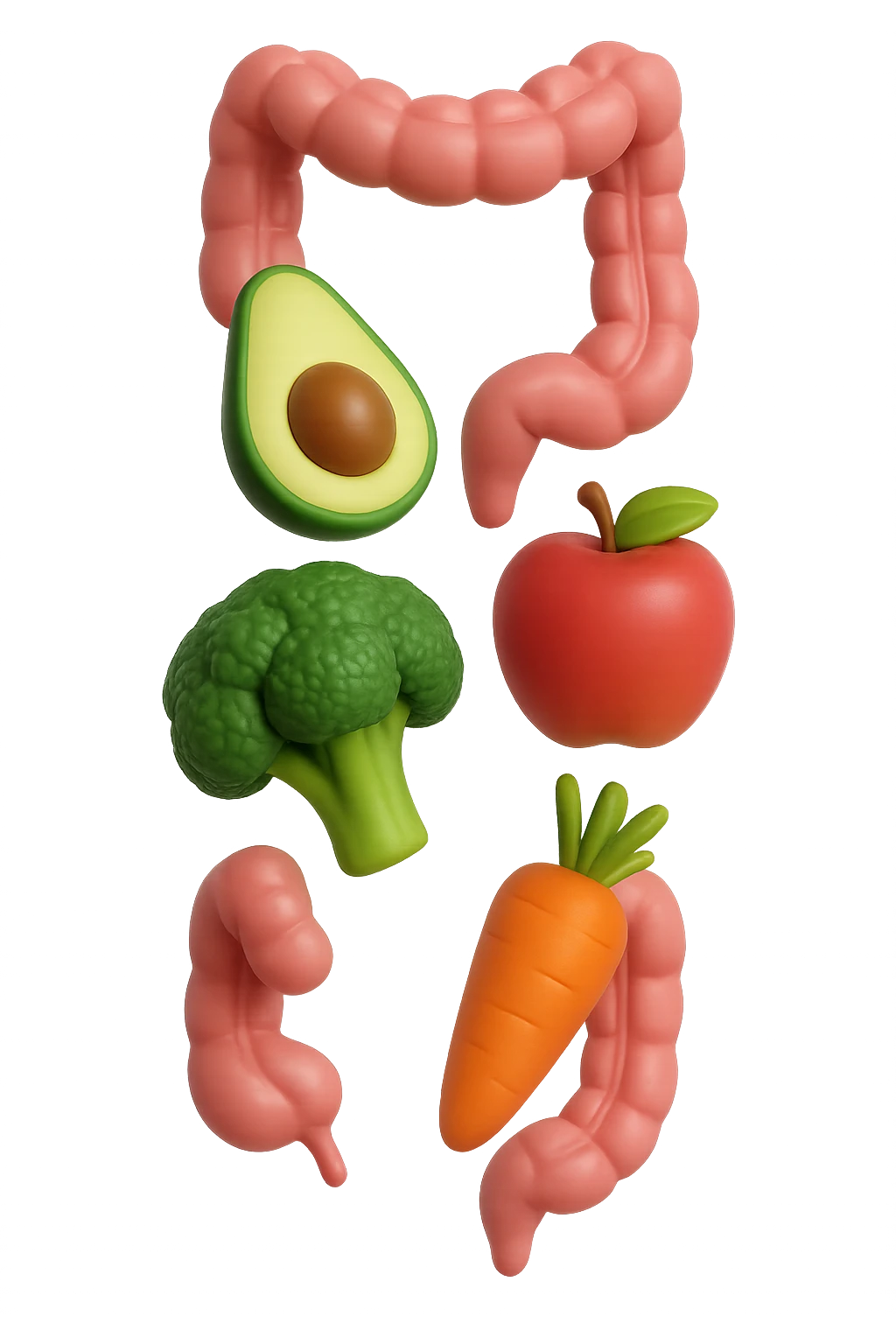 emoji stile iphone in 3d di cibo sano che fluttua in aria vericalmente insieme a pezzi di colon umano anatomico, iperrealistico 4k emoji