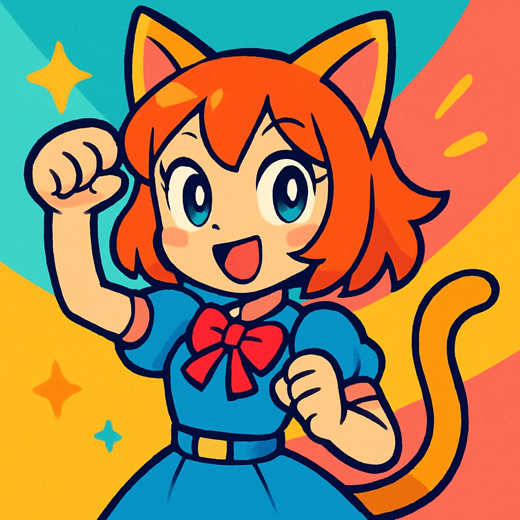 cat girl, vibrant anime style, cute, expressive, large eyes, cat ears, playful pose emoji