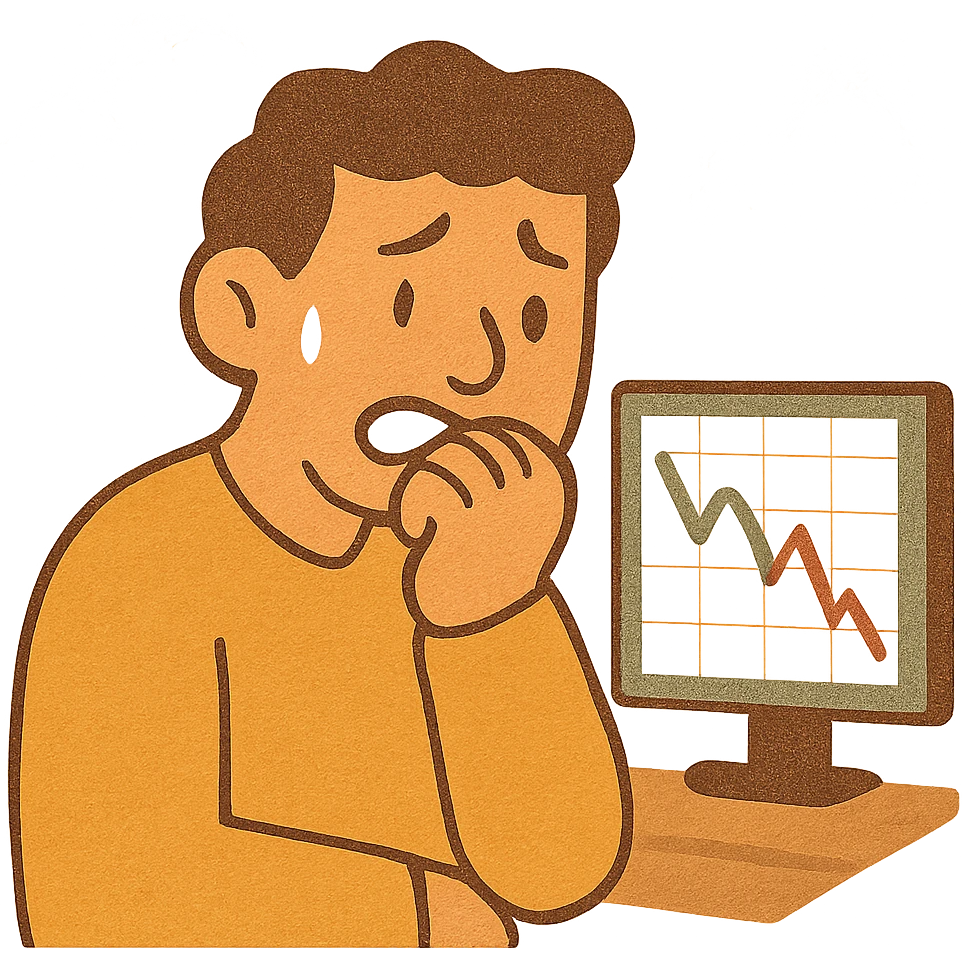 stressed trader biting nails worried face, flat modern style, bright saturated colors golds greens reds, minimal but expressive, universal look emoji