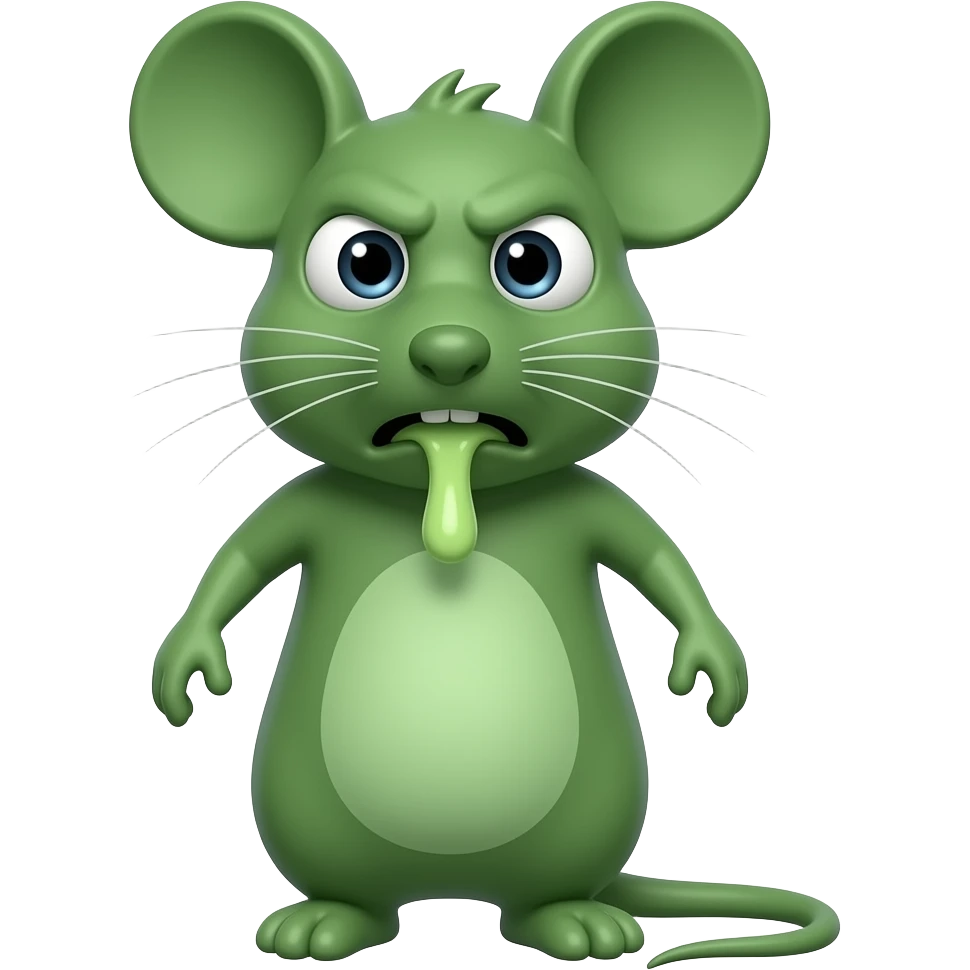 A little green mouse standing upright, with arms and legs that look like those of a little person, staring at us with a disgusted, revolting and nauseating look on its face. He is vomiting. The mouse’s body is entirely green. emoji