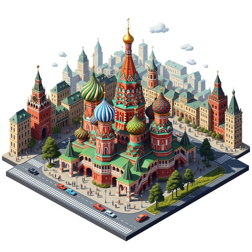 Isometric illustration of Moscow, featuring photorealistic Saint Basil's Cathedral with colorful onion domes, hand-drawn painterly details transparent background emoji