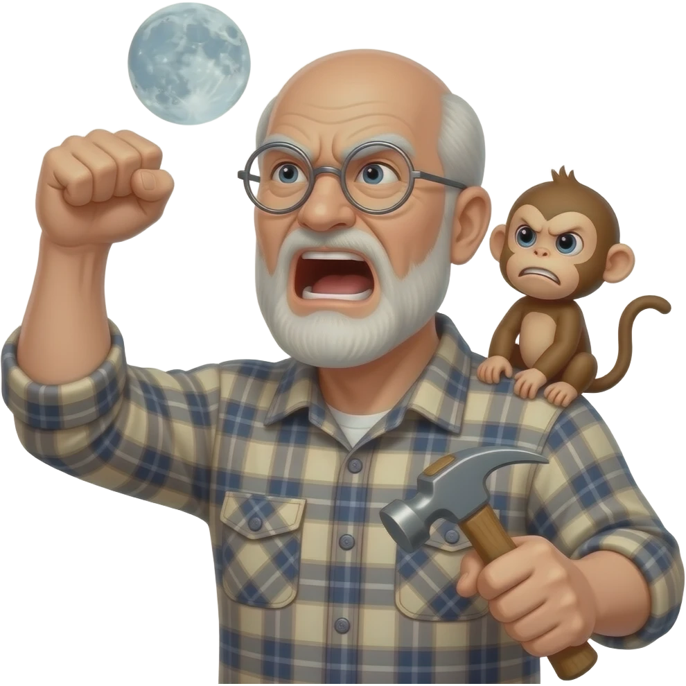 Angry old man with a plaid shirt with silver round glasses balding, no beard or mustache yelling at the moon and shaking his fist angrily at the sky holding a hammer in his LEFT hand and a angry baby monkey on his shoulder. emoji