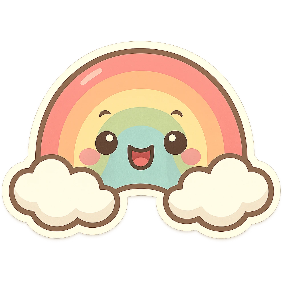 chibi sticker-style rainbow with a smiling face, cute and exaggerated emoji