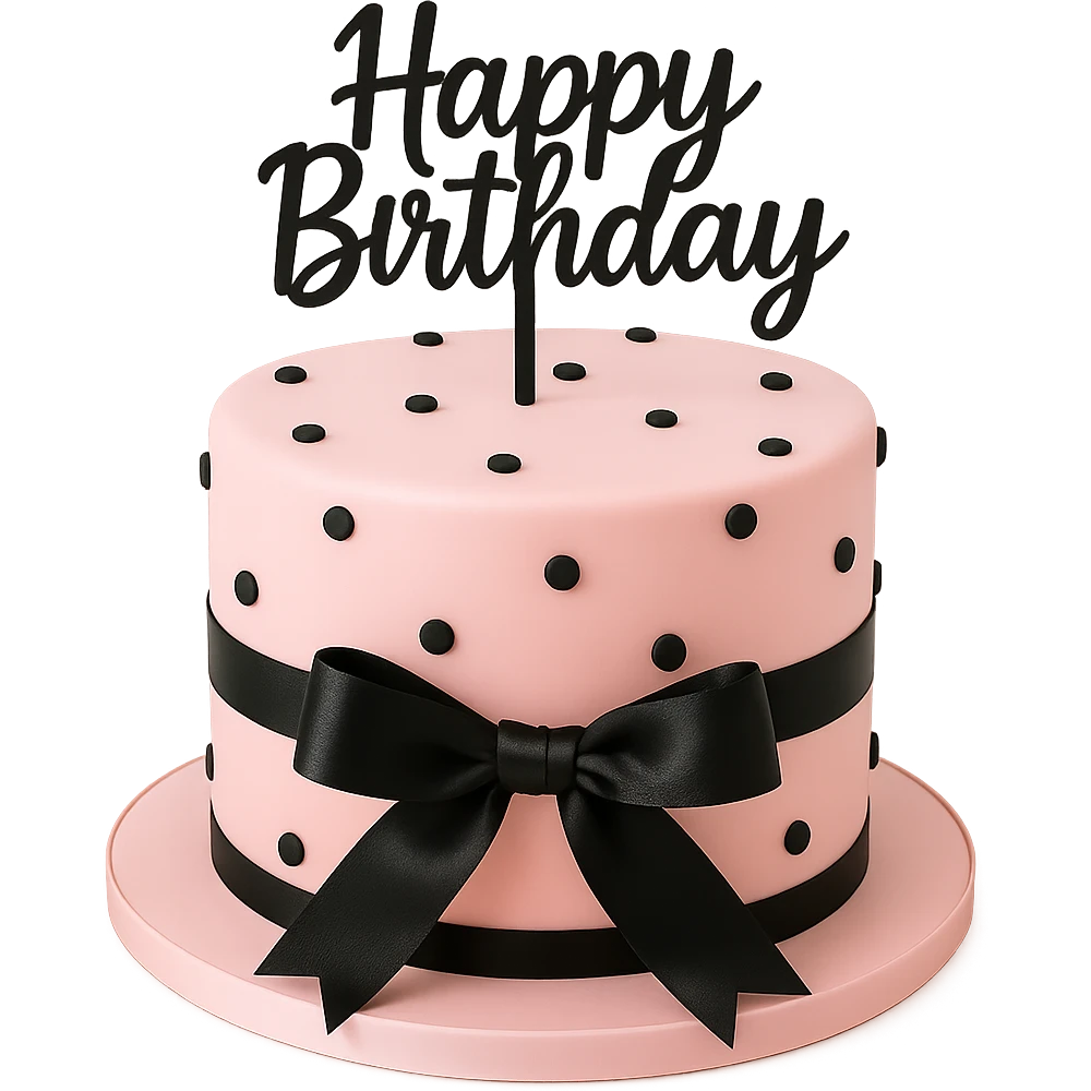 Pink birthday cake with black ribbons, remove background emoji
