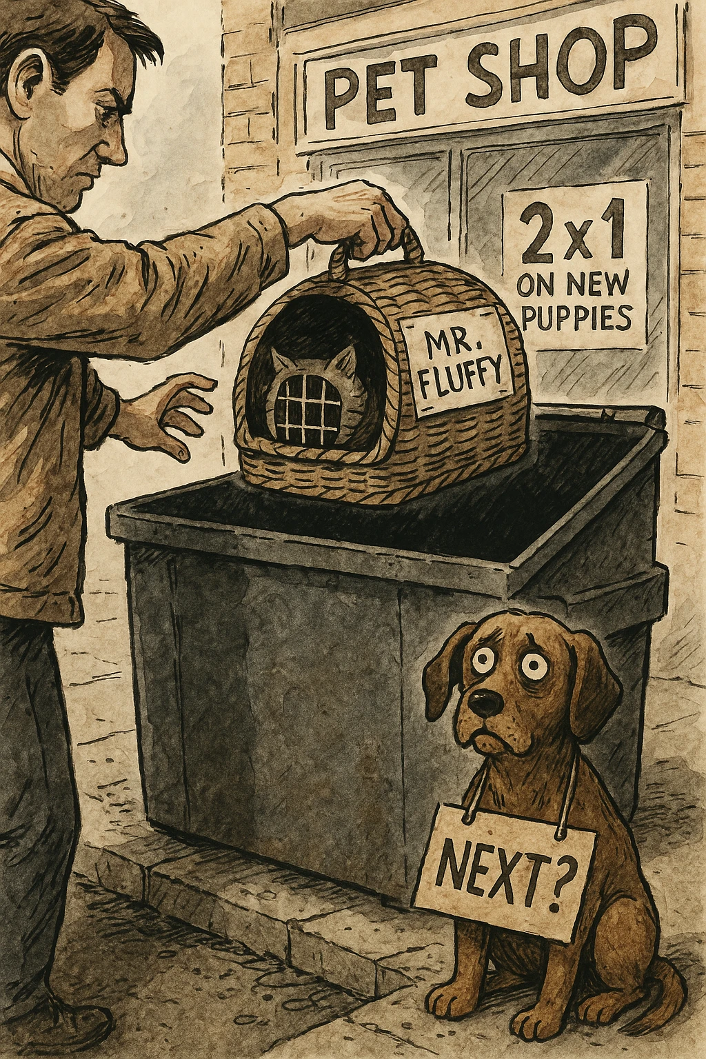 "Primo piano dell'uomo che butta il cesto del gatto (con ancora la scritta 'Mr. Fluffy') nel cassonetto, mentre il cane lo guarda terrorizzato con un cartello al collo: 'PROSSIMO?'. Sullo sfondo, un negozio di animali con l'insegna '2x1 su nuovi cuccioli'. Stile illustrazione editoriale, inchiostro e acquerello." emoji