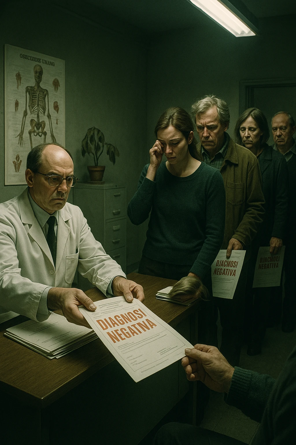 A realistic, cinematic illustration set in a dull, grey-toned medical office. A middle-aged male doctor in a white coat with a stern, cold expression is seated at his desk, handing out medical reports with large red ‘Negative Diagnosis’ stamps to each patient in line. The patients, of various ages and appearances, stand in a line, each looking increasingly sad, defeated, and demoralized as they receive their papers, with slumped shoulders and empty gazes. One young woman wipes away a tear, while a man stares at the paper in shock. The background shows medical posters, a faded plant, and harsh fluorescent lighting, emphasizing the cold, mechanical environment. The mood is heavy, illustrating how negative diagnoses delivered without empatia can deeply affect the mental health and morale of patients. The style is realistic, with subtle filmic grain, emphasizing emotional impact and the weight of medical words on people’s lives. in italiano emoji