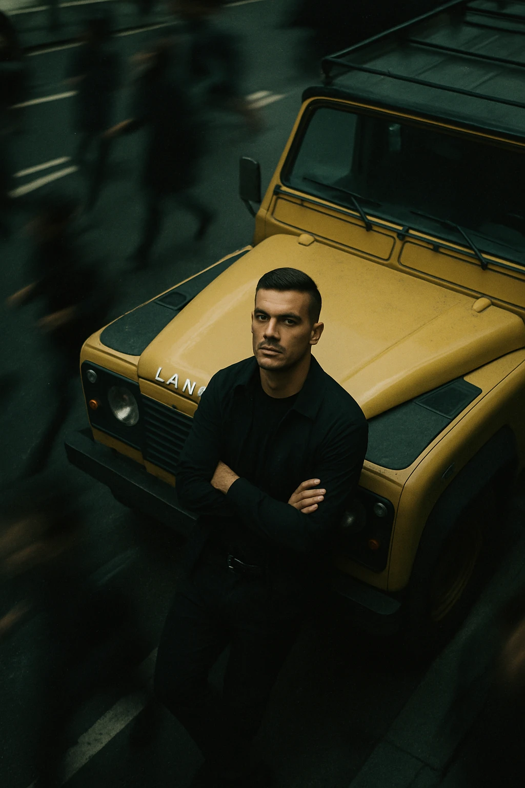 An aerial cinematic shot of me leaning against a yellow land rover defender on the street, wearing a t-shirt under a black jacket. A blurry crowd of people running around me. Gloomy lighting, 35mm film style, shallow depth of field, sharp focus on me.  emoji