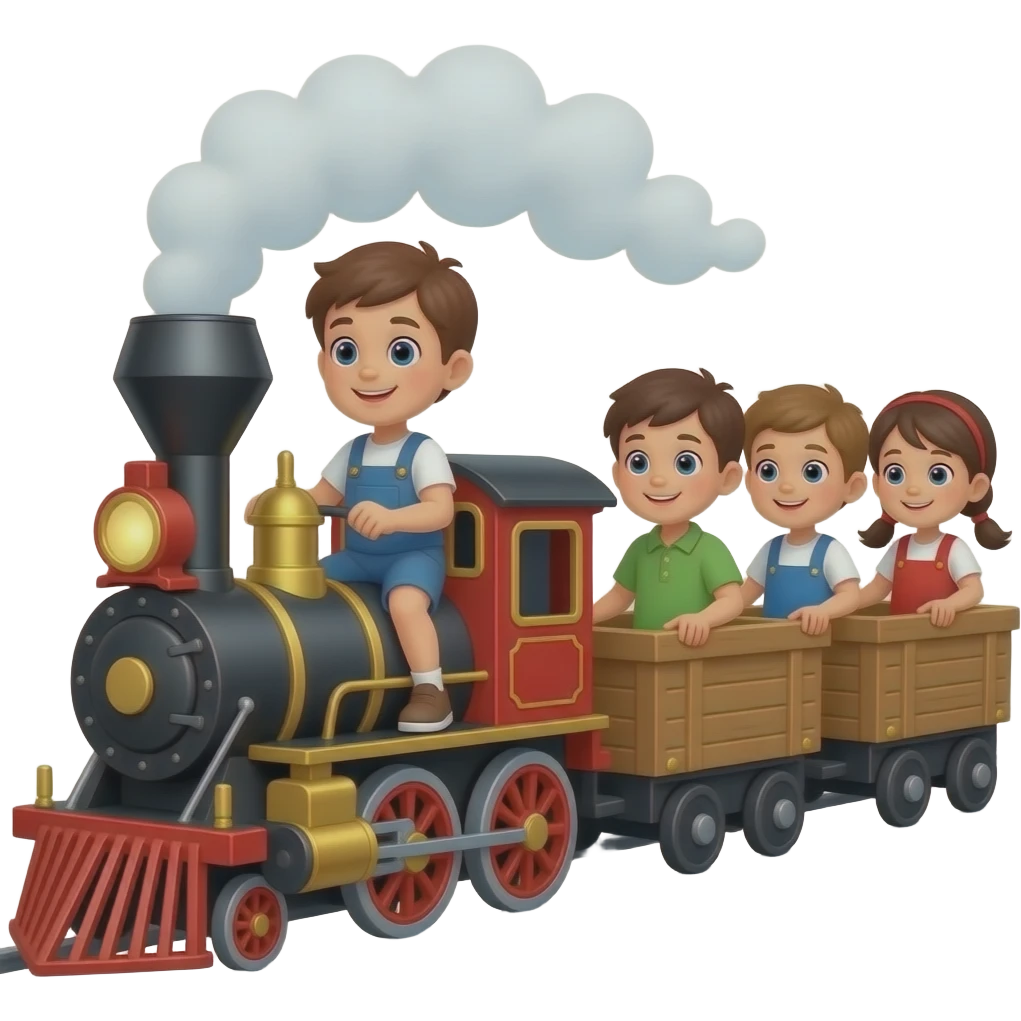A kid riding on a full sized toy steam train and the other kids are on the wagons emoji
