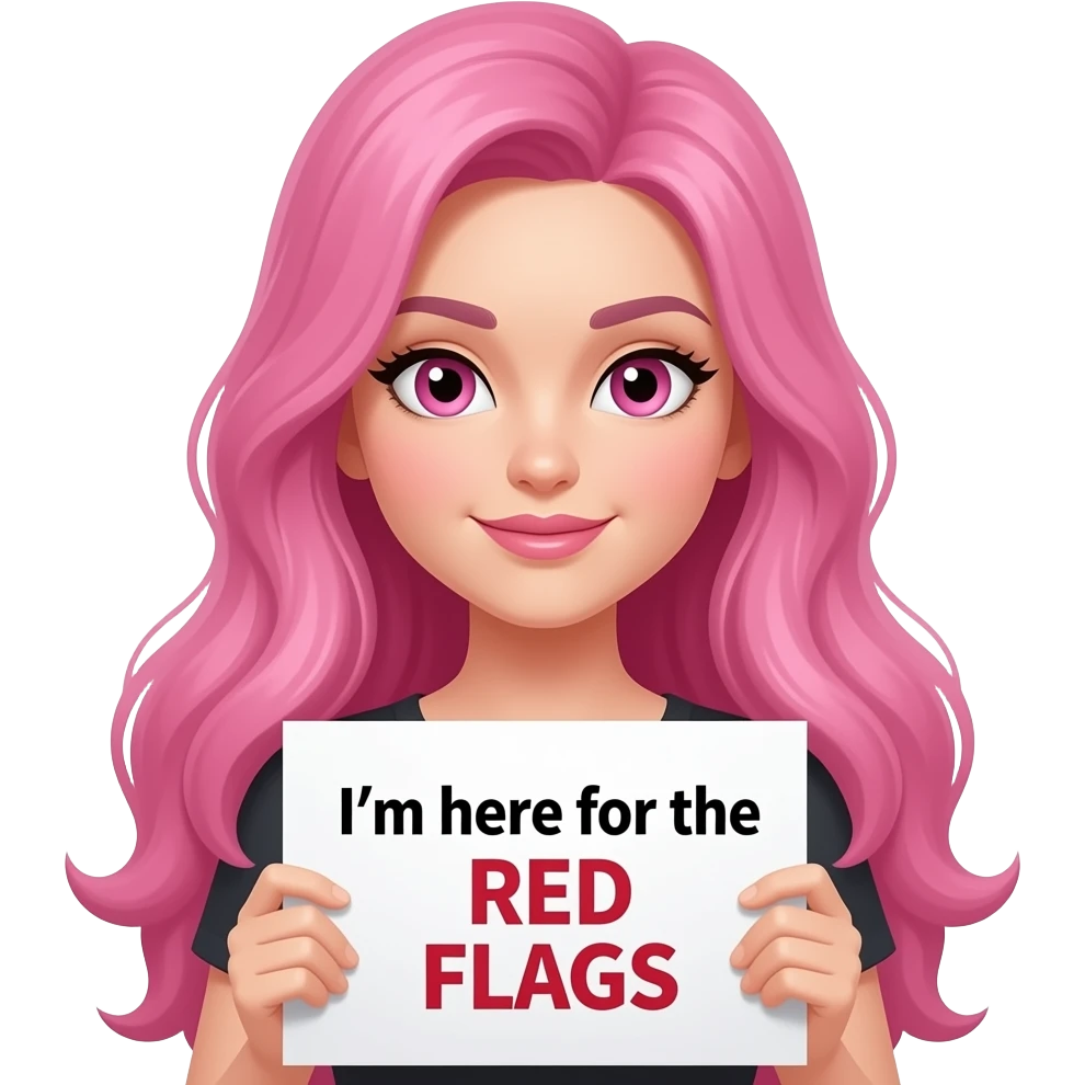 sexy girl with long pink hair and pink eyes wearing a holding a I'm here for the RED FLAGS sign emoji