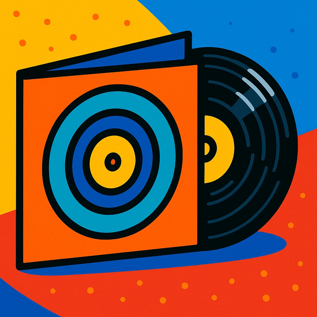vinile con disco, stile cartoon vibrante, colori vivaci emoji