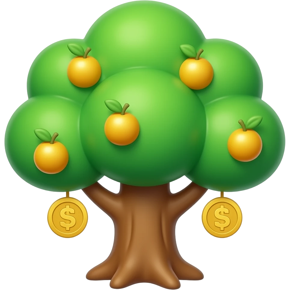 High-quality isometric icon of a stylized financial tree, lush green tree with many golden coins hanging from branches like fruits, thick canopy, very healthy and rich, glossy finish, vibrant colors, white background, mobile game asset style, high quality render, soft studio lighting. emoji