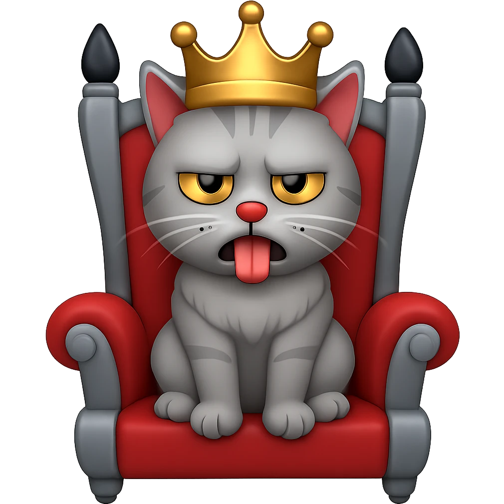 A gray cat with a black nose sitting on a throne looking at the world with disgust, emoji style, with a crown emoji