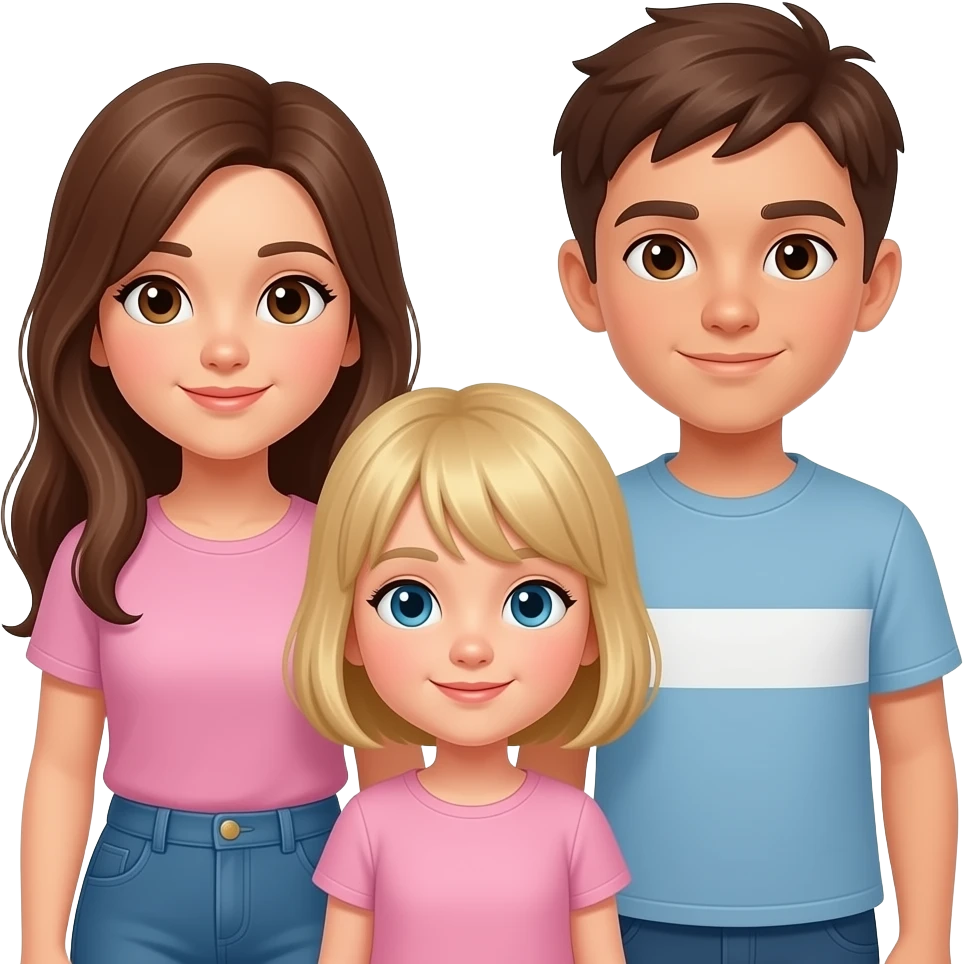 ein mädchen mit braunen langen haaren das neben einem kleineren mädchen mit blonden kurzen haaren steht. ein junge mit braunen kurzen haaren steht neben dem mädchen mit blonden haaren. der junge ist kleiner als das mädchen mit blonden haaren emoji
