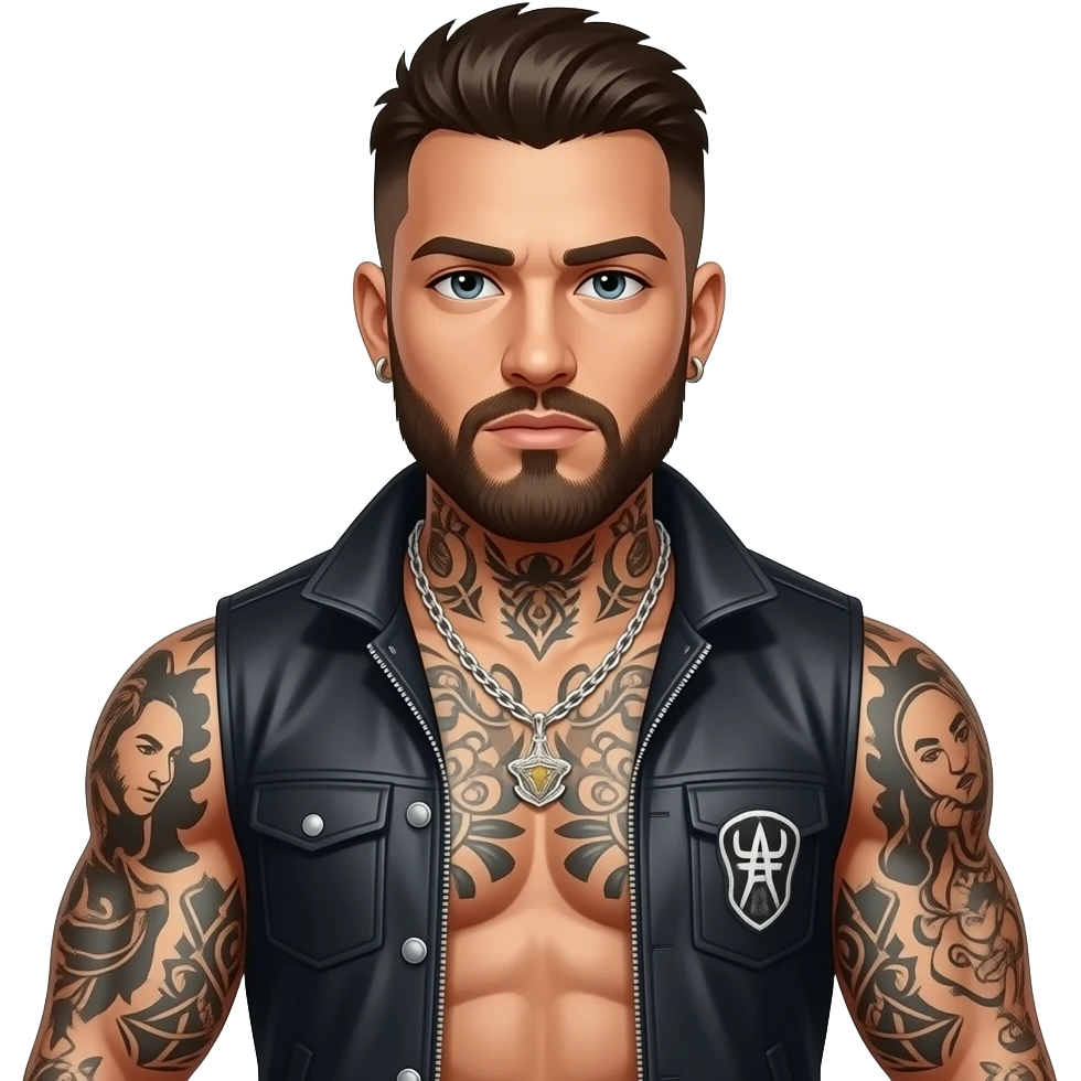 A tough, gang-affiliated person—muscular and covered in tattoos. emoji