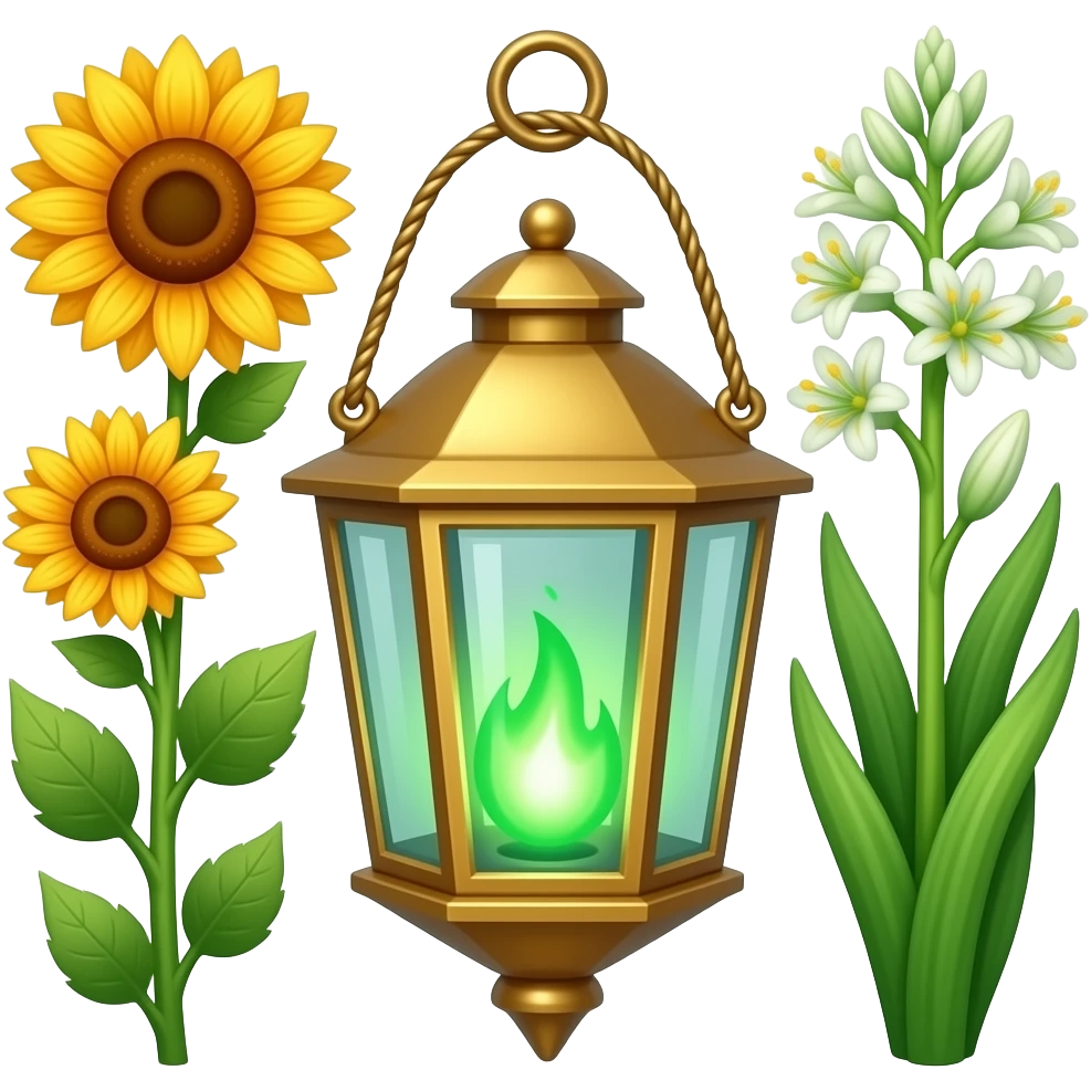 A golden hanging lantern with a bright emerald flames, an empty loop on top, fae themed sunflowers on the left and fully bloomed asphodels on the right as part of the design, but simple focus more on the green flames, paint the glass more green, have its bottom point come to some sort of point emoji