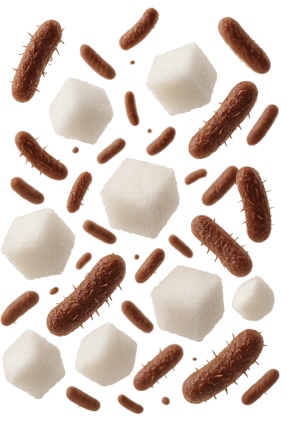 ZOLLETTE DI ZUCCHERO FLUTTUANO IN ARIA INSIEME A BATTERI INTESTINALI REALISTICI
IPERREALISTICO 4K, SFONDO BIANCO emoji