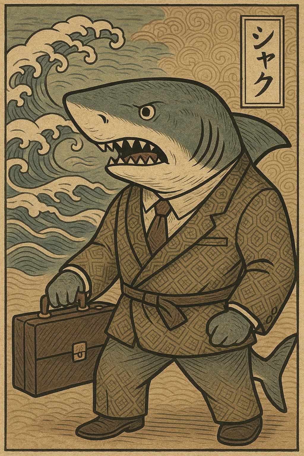 a stylized shark in a business suit holding a briefcase, representing the concept of 'Shark Tank', ukiyo-e style, creative illustration emoji