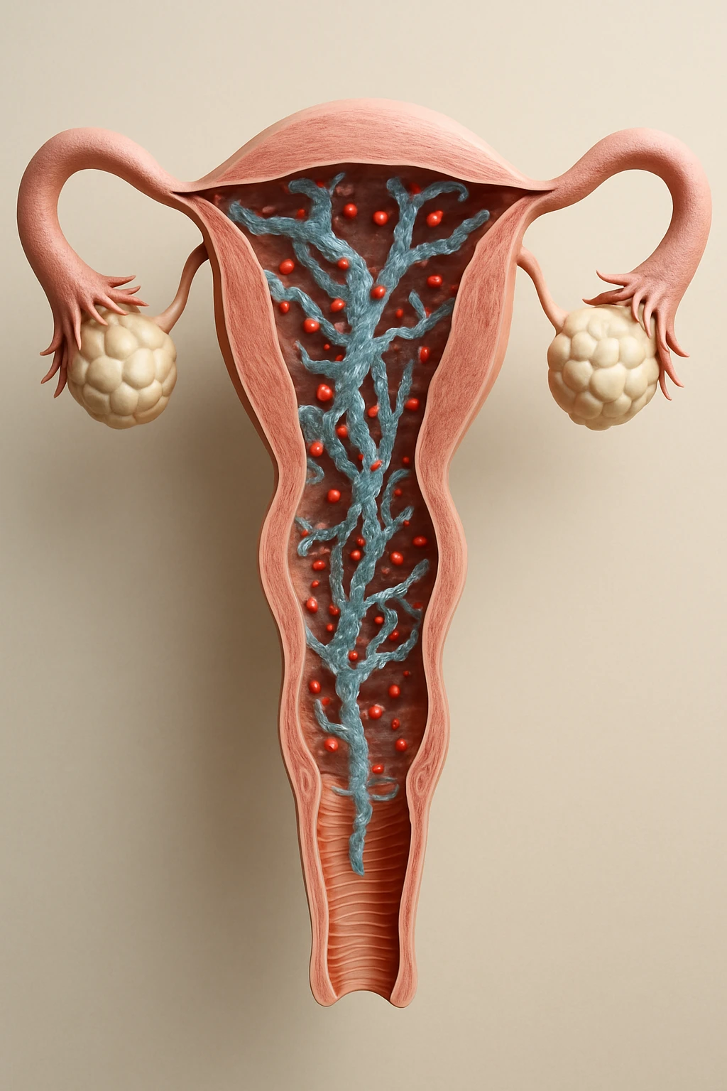 utero umano realistico con batteri della candida intorno, la foto si deve vedere per intero in formato verticale, sfondo neutro chiaro, iperrealistico 4k emoji