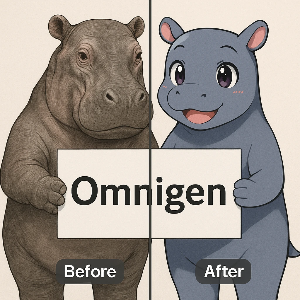 two hippo holding sign of omnigen, half picture 1 hippo is realistic another half is the anime of that same second hippo, with before after mark emoji