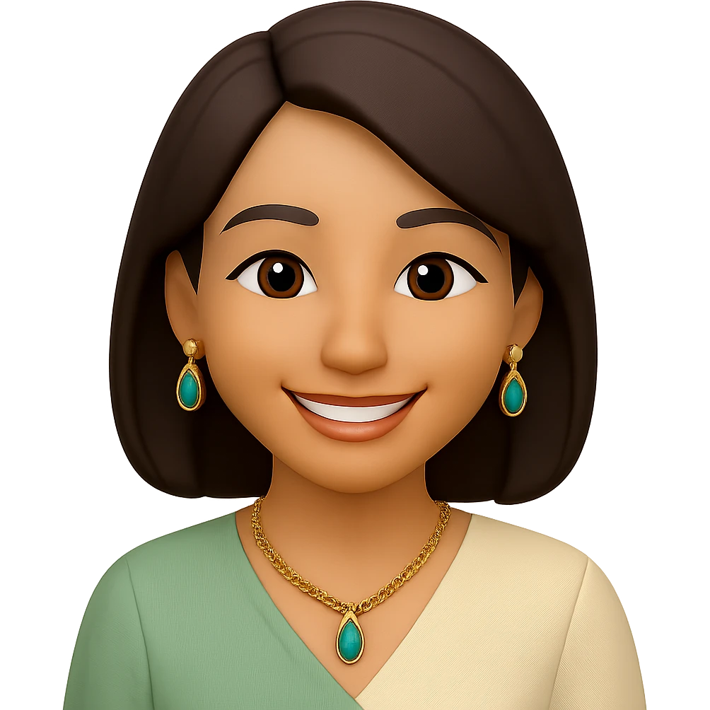 Change the hairstyle of the young woman to a short bob. Keep her smiling with dark brown hair, brown eyes, nose piercing, wearing a green and cream blouse and a gold necklace. Convey happiness and relaxation. Remove any background, make it transparent. emoji