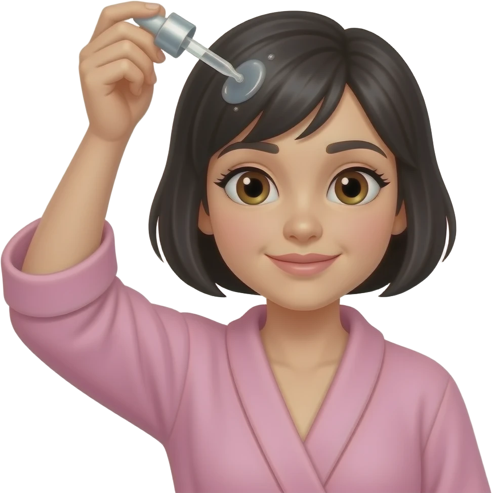 White girl taking care of her black short hair by giving herself a hair tonic massage with a dropper, wearing a pink robe, iPhone emoji style emoji
