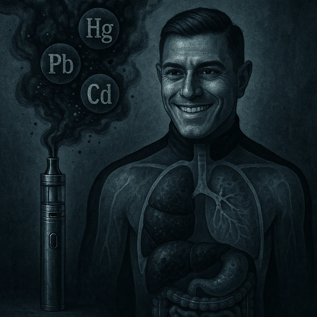 A stylized and unsettling electronic cigarette releasing dark metallic smoke filled with toxic particles. Within the smoke, symbols of heavy metals (Pb, Hg, Cd) travel towards a transparent human body. Inside the body, the liver and intestines appear blackened or visibly clogged. The atmosphere is dark, medical-symbolic style with cold metallic colors, conveying a strong and disturbing visual message. The face is inspired by the reference photo provided. emoji