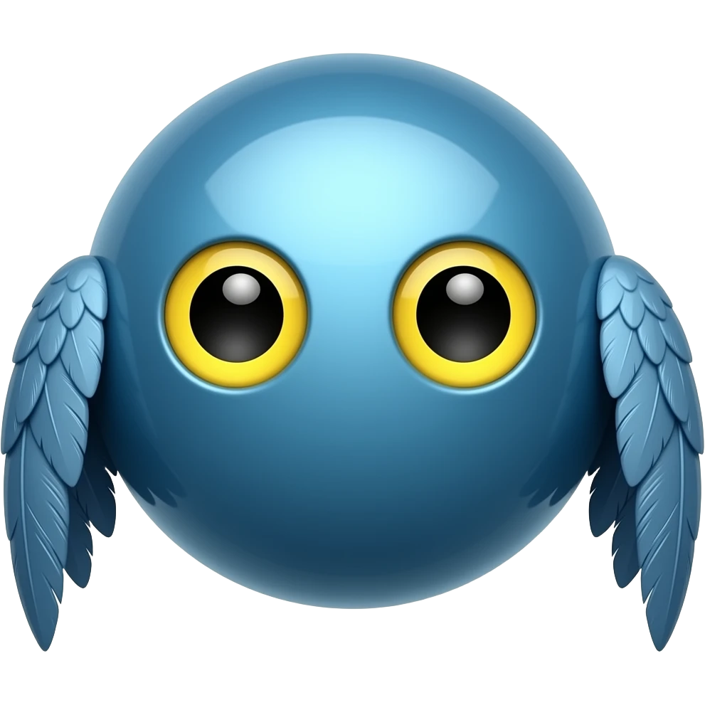Cute metalic blue sphere with yellow eyes and black pupils with 2 bird wings at the sides emoji