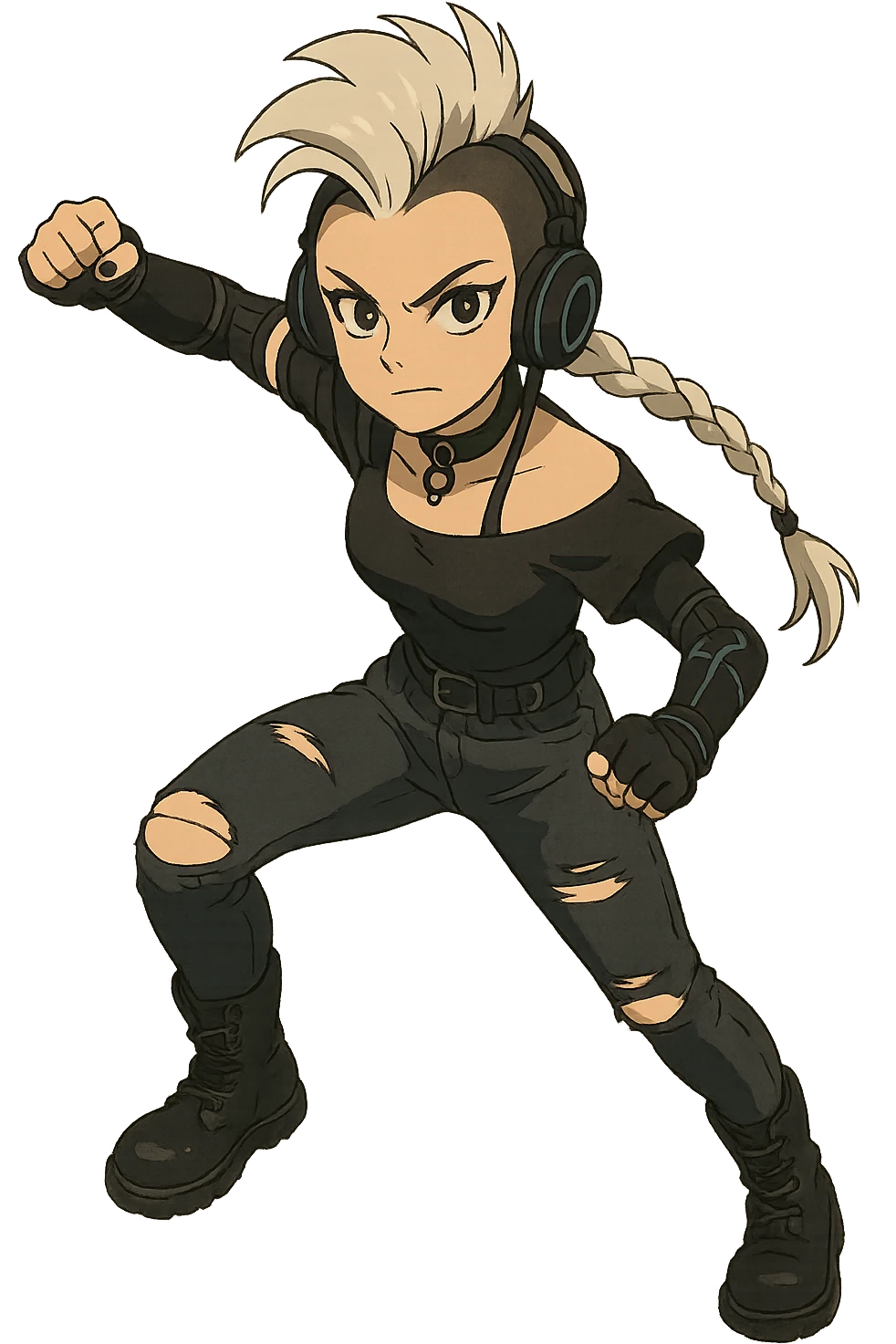 1 female, futurepunk, mohawk white hair, 1 long braid, cybergoth, gothic style, action pose, style of anime, she is looking into the camera, black short sleeve off shoulder top, ripped tight jeans, combat boots, going super pose emoji