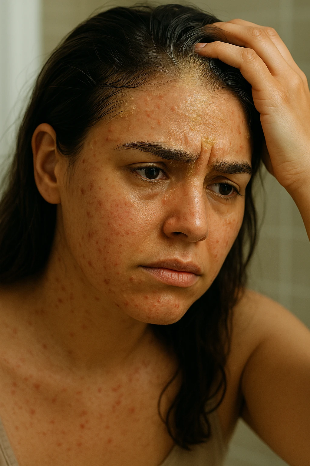 A highly realistic, cinematic close-up portrait of a young woman in her late 20s with medium skin tone, displaying visible folliculitis and seborrheic dermatitis. Small, red, inflamed follicular papules and pustules are scattered along her hairline, jawline, and upper neck, indicating folliculitis. Her scalp and areas around the nose and eyebrows show flaky, greasy yellowish scales, with redness and irritation, indicating seborrheic dermatitis. Her hair appears slightly greasy and clumps near the scalp, emphasizing excess sebum production. She gently touches her irritated scalp with concern while looking at herself in a softly lit bathroom mirror, expressing discomfort and frustration. The environment is neutral and clean, with daylight softly illuminating the scene to highlight the skin and scalp texture. The style is 35mm hyperrealistic, with warm neutral tones and shallow depth of field to maintain focus on her skin, inflammation, and emotional expression, visually explaining the physical discomfort and aesthetic concerns of living with folliculitis and seborrheic dermatitis emoji