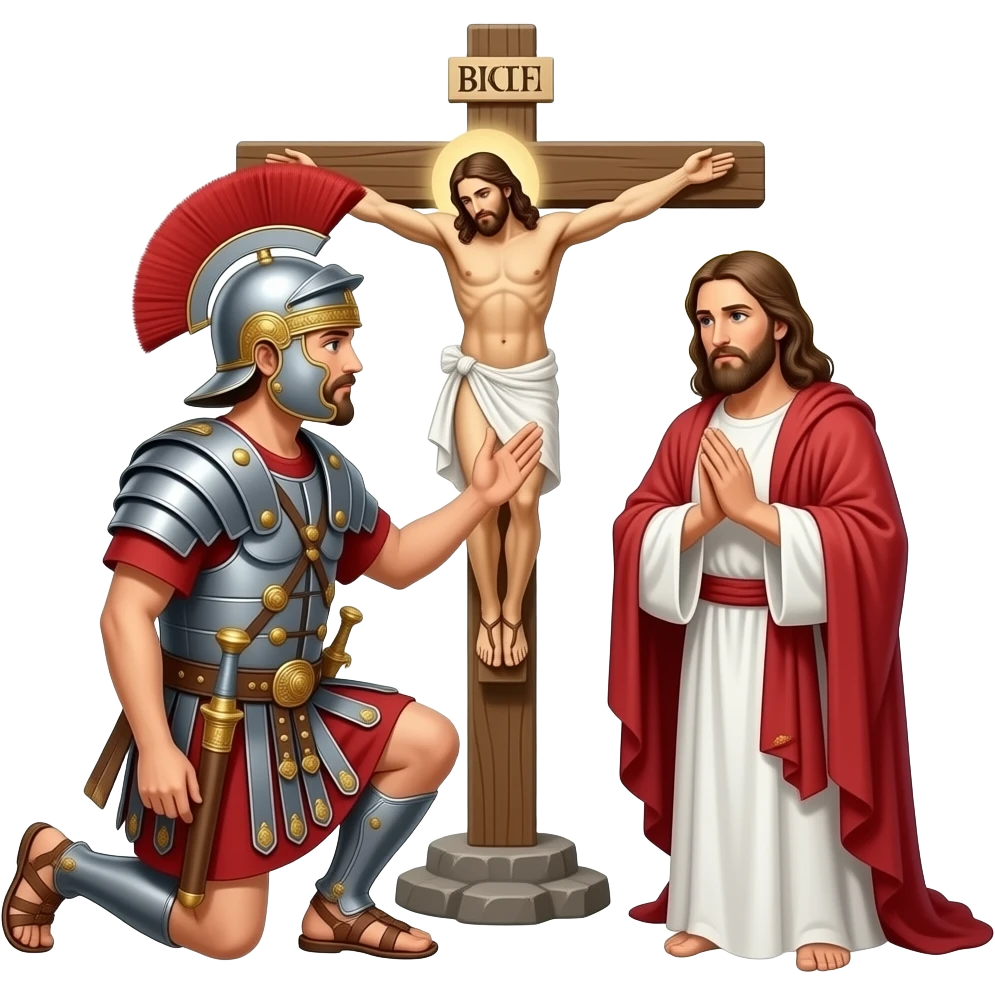 Roman soldier falls to his knees in front of Jesus at the crucifixion emoji