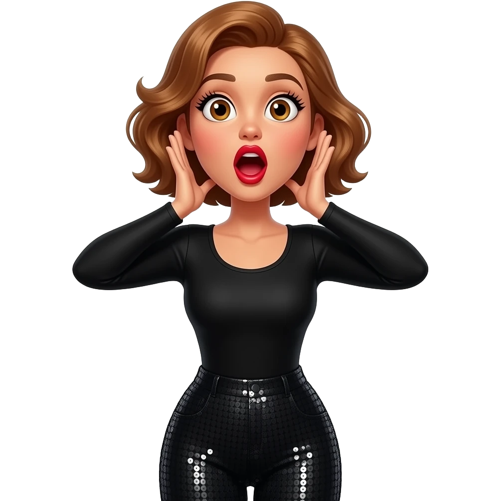 glamours,-tanned,-very-beautiful-woman-with-big-plump-red-lips,-long-lashes,-honey-silky-very short- hair,-wavy-hair,-hazel-eyes- wearing-black-Long-sleeved-bodysuit-black-sequinned-pants-eyes-wide-open-look-of-surprise-and-mouth-open-round-hands-either-side-of-mouth-throwing head back-waist-up emoji