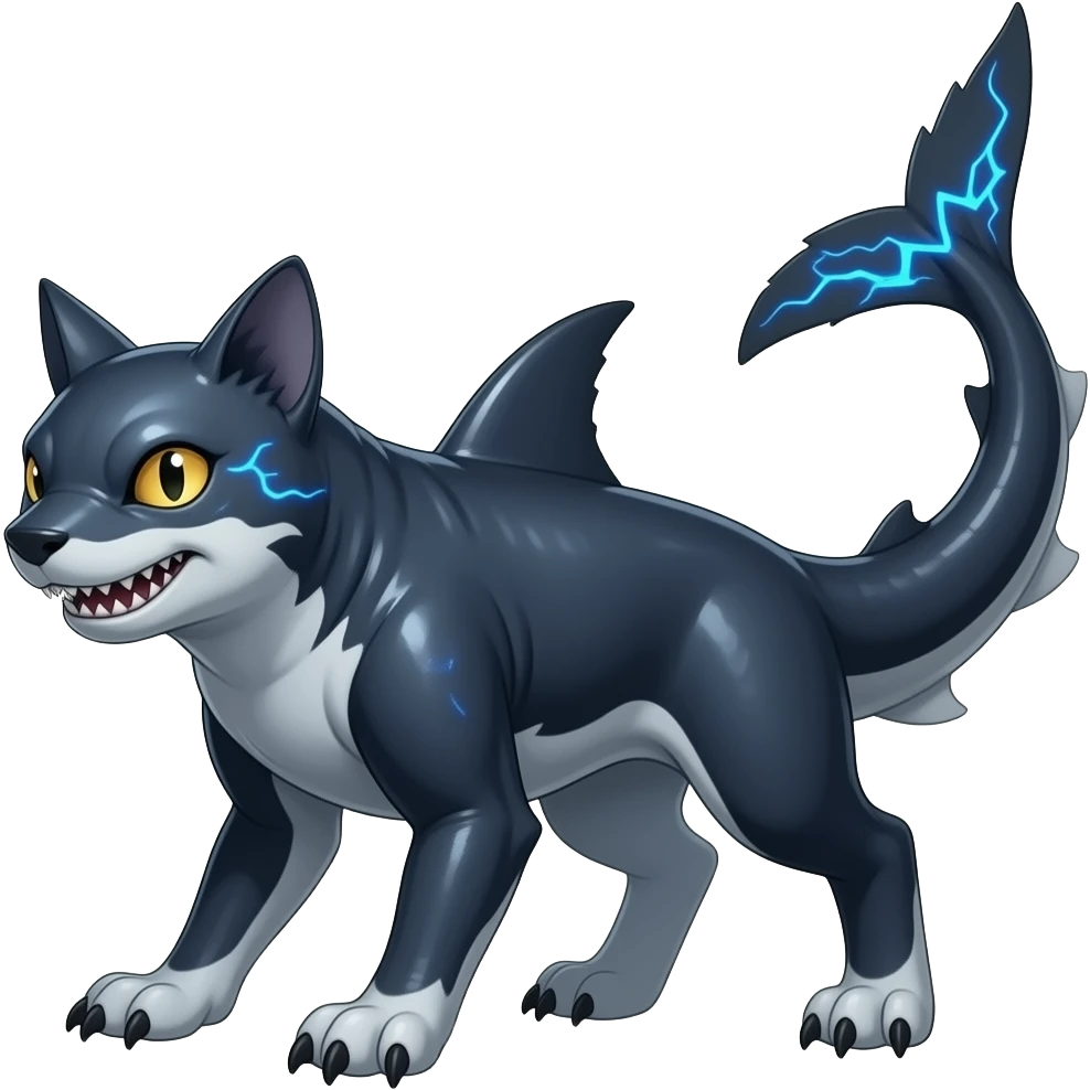 4-legged shimmering ruff rough digitigrade dark badass edgy landhai-Latias-Latios-carvanha-sharpedo-sergal-Electrike-Manectric-Night-Fury-hybrid-fusion-creature, with a long shark tail behind, full body emoji