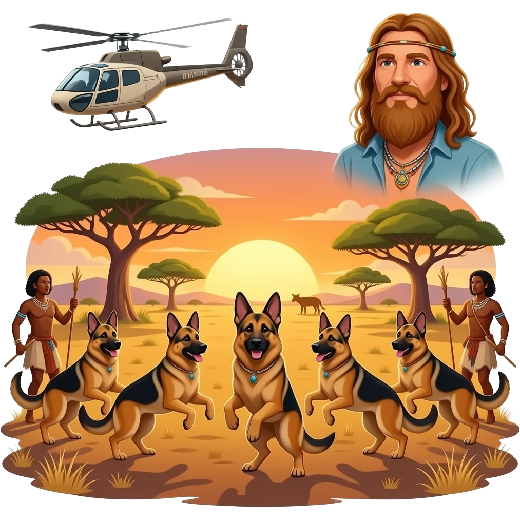 7 shaded k9 german sheppards dancing with african savanna plains sunset boabab surrounded by traditional dancers (basarwa bushmen) rythm sunset helicopter news anchor chopper interview ginger bearded hippie serengeti animals sillouette emoji