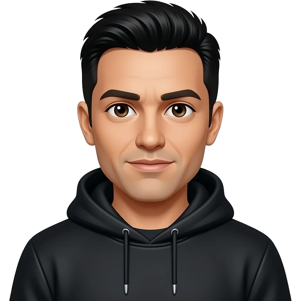 Chino Moreno with dark brown eyes, black hair, black metallic sweatshirt emoji