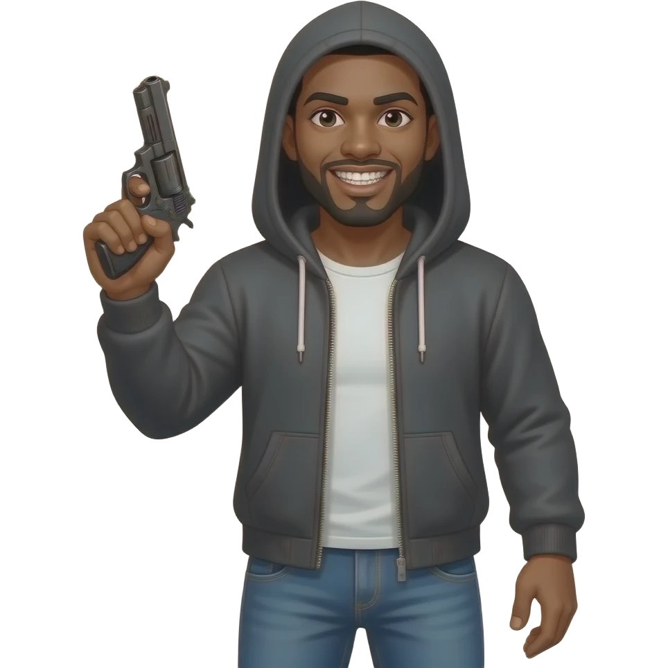 hood brown man with a grill and gun and pants with boxers showing emoji