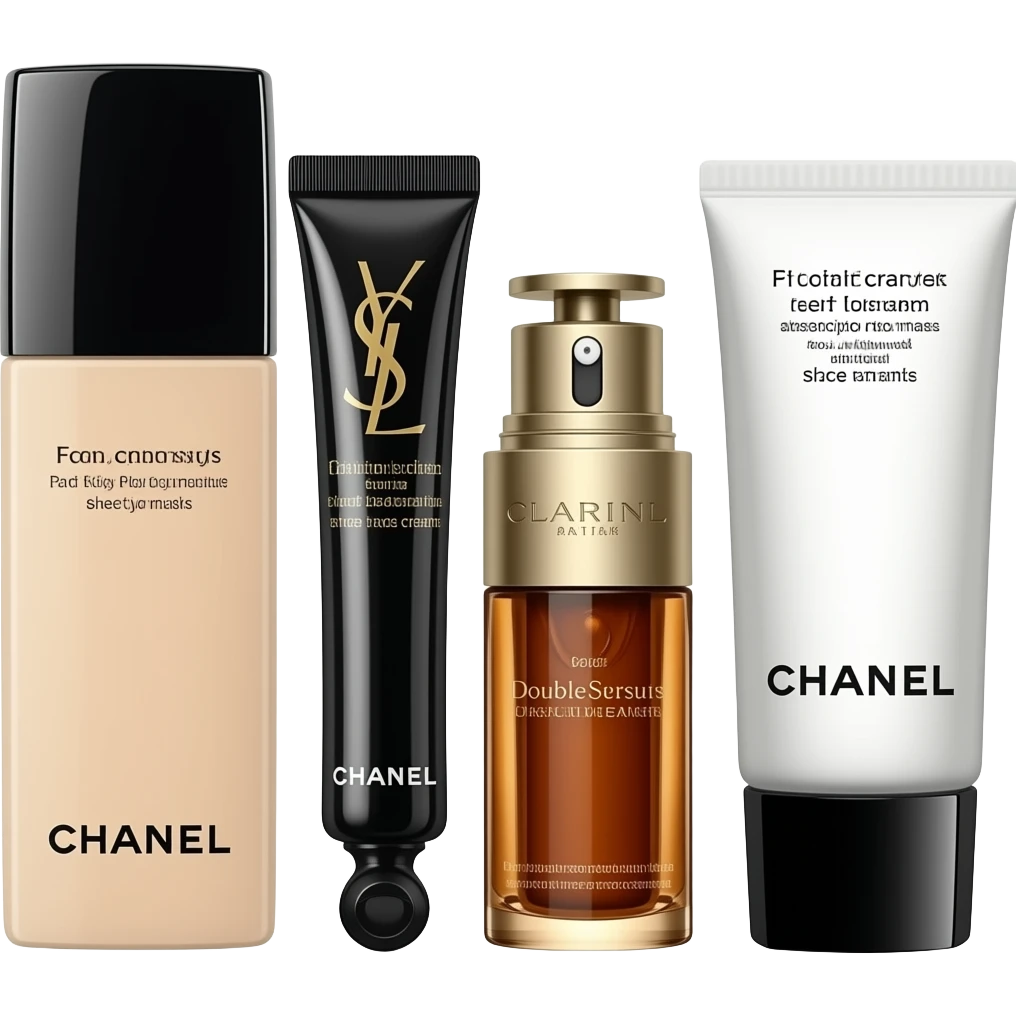 A set of Chanel toner and lotion, a tube of Yves Saint Laurent eye cream, a jar of Dior face cream, a bottle of Clarins Double Serum, a tube of Chanel facial cleanser, and a sheet mask emoji