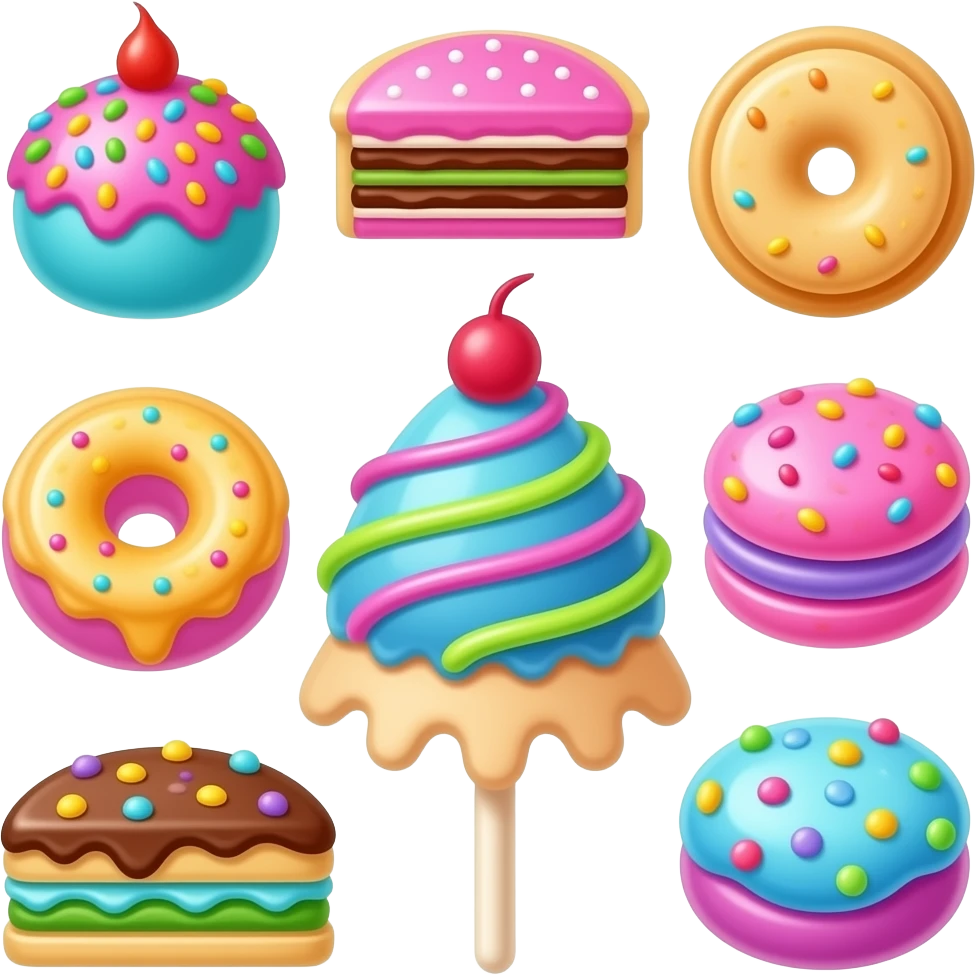 Make pop colored sweets and candy like cake pops, pop tarts and chocolate and other sweets and candy emoji