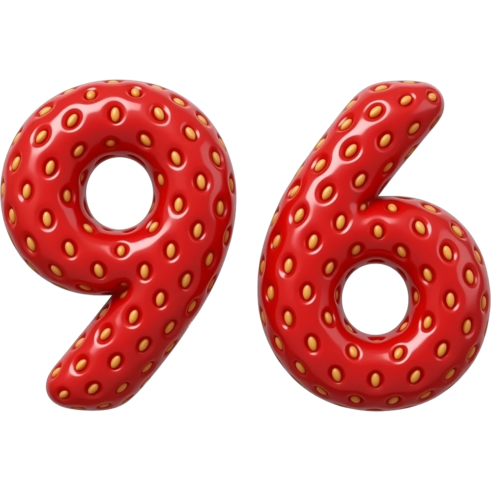 TWO👉 "numbers 9 and 6 made of strawberry texture, red color with seeds, 3D glossy, smooth rounded shapes, cute cartoon style, isolated on white background, high detail" emoji