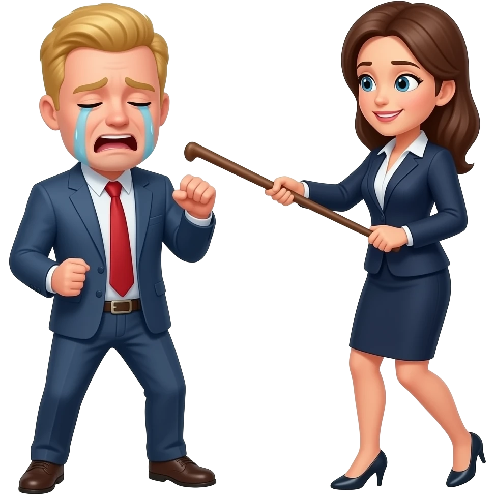 un uomo biondo piange perchè viene frustato con una cinghi dalla sua capa femmina d'ufficio emoji