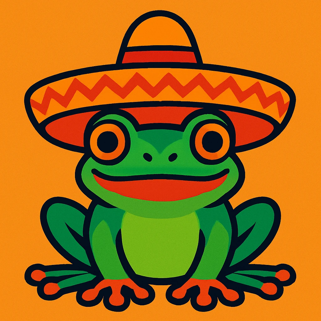 Mexican frog wearing a sombrero, cartoon style, vibrant colors emoji