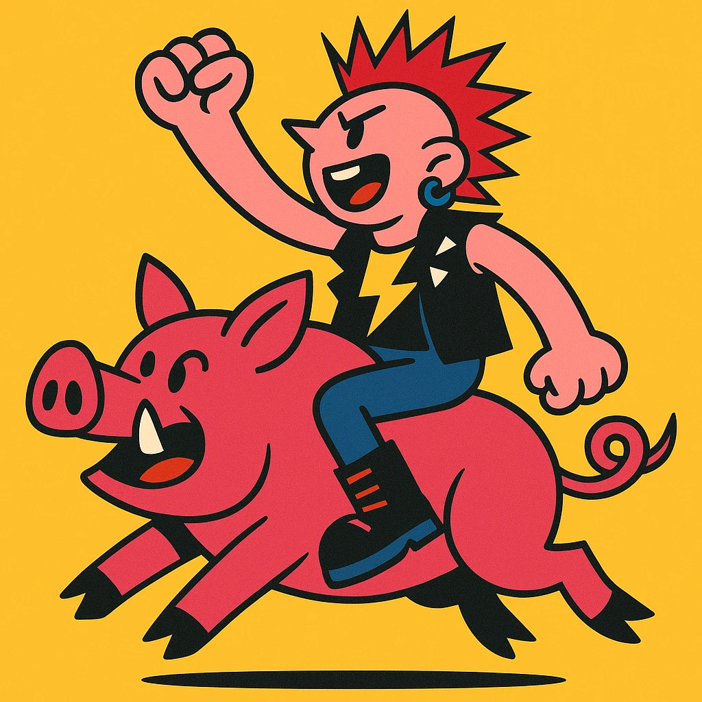 a punk riding a wild pig, vibrant cartoon style emoji