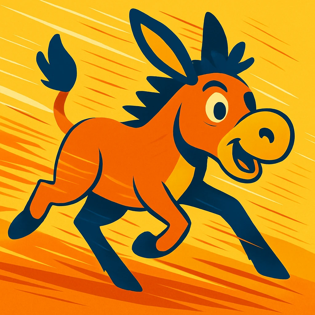 Make the donkey look like it is running extremely fast, with motion blur, speed lines, and a dynamic pose, in a vibrant and energetic cartoon style. emoji