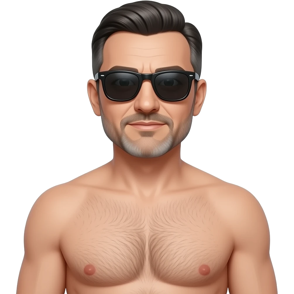 A guy, 50 year old, full length, completely naked wearing sun glasses emoji