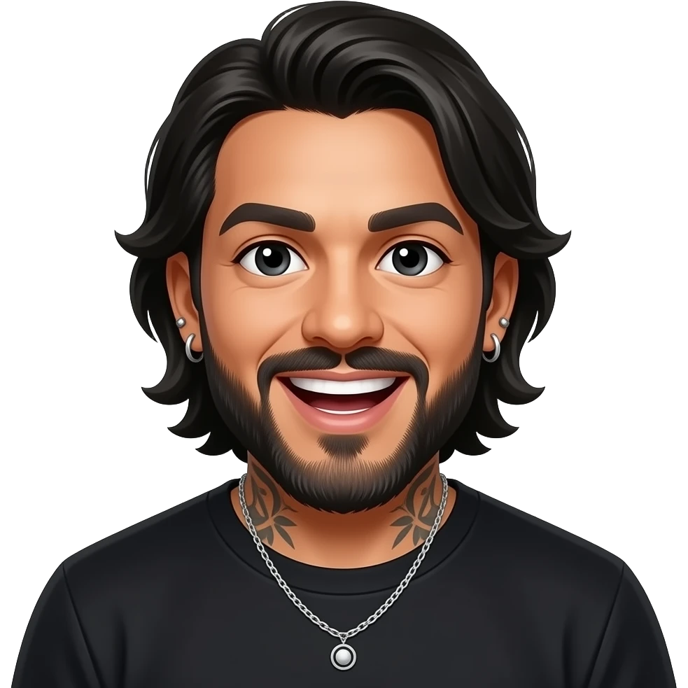 handsome, manly Latino podcast host with black colored eyes wearing black with silver jewelry, with medium length hair, a very long, lightly graying beard and tattoos, his ear and nose pierced. He shows excitement emoji