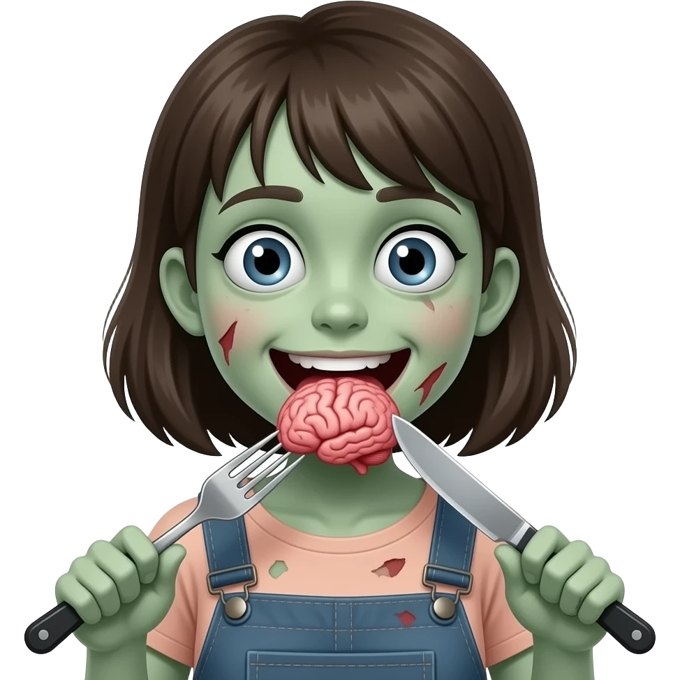 Girl zombiee eating his brains no smile bigger brain with fork and knife emoji