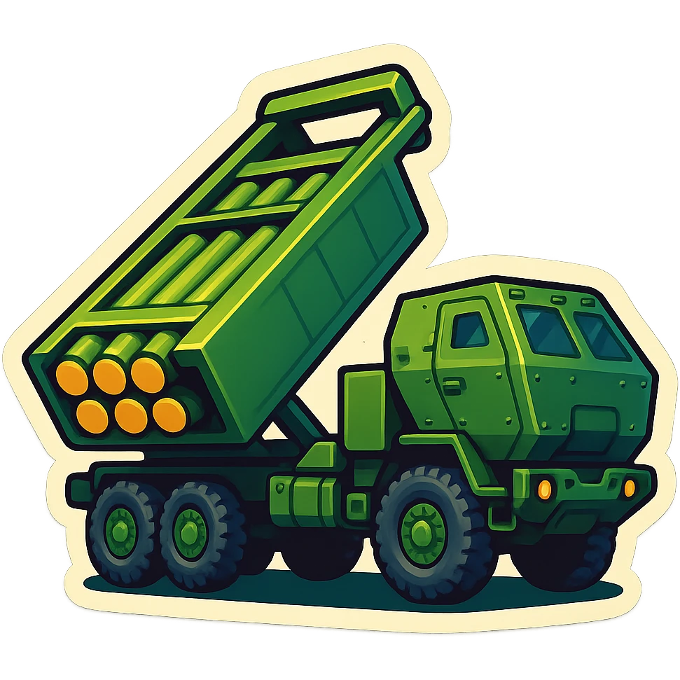 Create an emoji of HIMARS based on the provided photo. Style: emoji, three-quarter view, six rocket tubes, cabin, raised launcher, military green color, no background, focus on wheels. emoji