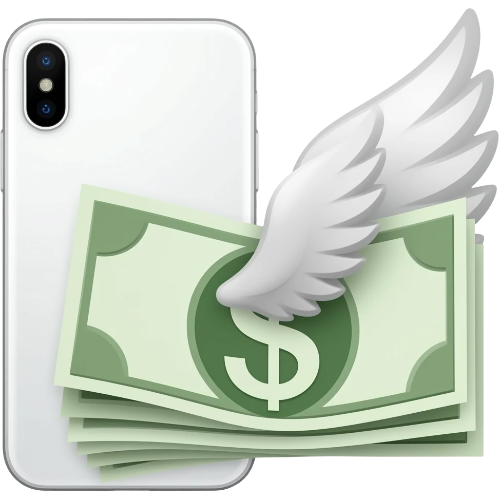 A white iPhone, with a banknote featuring wings next to it emoji