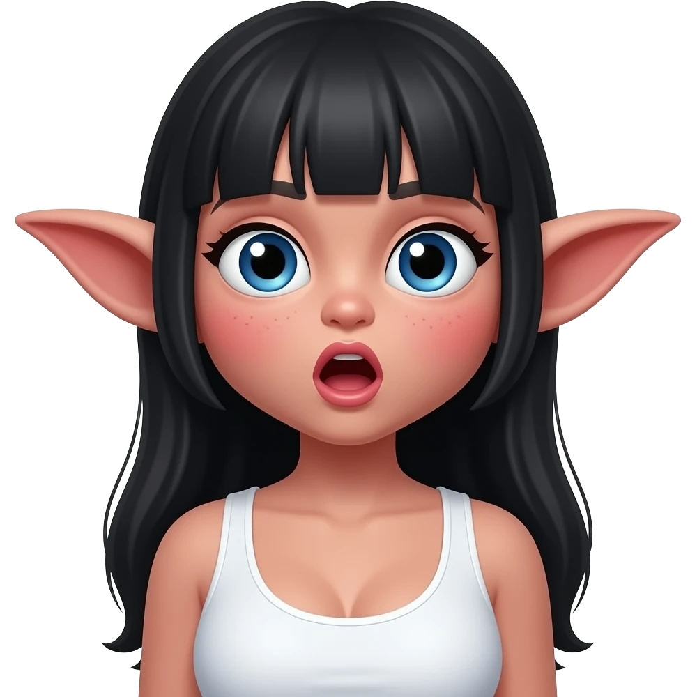 놀란 동공. 커다란 눈. 하얀 동공에 파란렌즈. 요다귀. 분홍색 스킨. 붉은 홍조. 이마 주름은 없고 입은 O모양. 앞머리있는 검정 긴생머리. 흰색 나시를 입고 큰 가슴 emoji